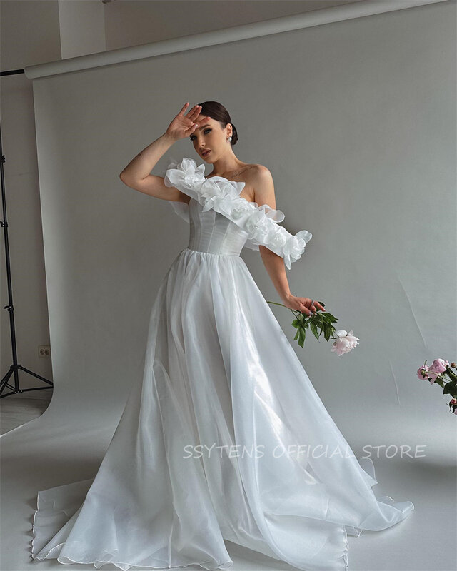페어리 A 라인 신부 원피스 웨딩 파티 드레스, 오프숄더 화이트 공주 신부 가운, 스플릿 3D 꽃, 2024
