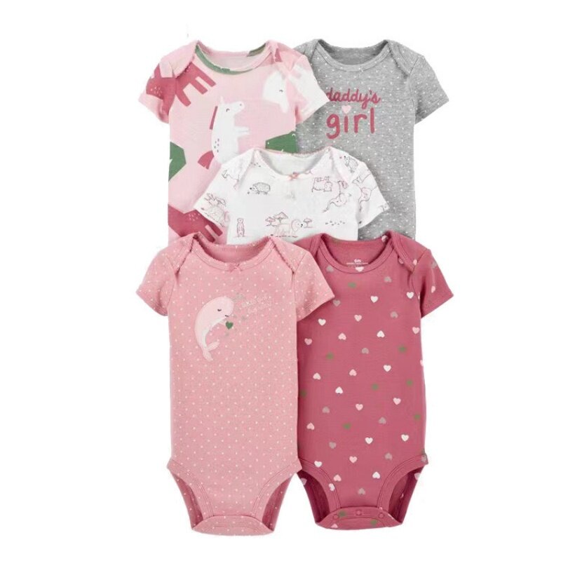 New Cartoon Baby Boys Girl Bodysuits 5Pcs Short Sleeve Stripe 100% Cotton Baby Clothes Newborn Body Bebe Jumpsuit Clothing 6-24M