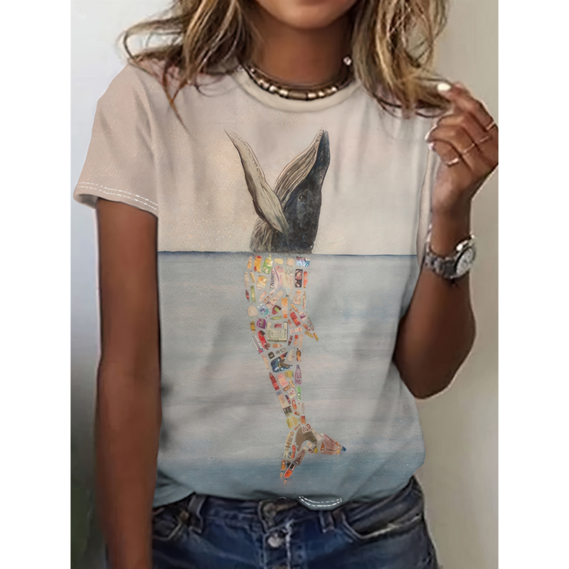 Camiseta feminina com organismo marinho, estampa baleia, manga curta, gola O, casual, Harajuku, roupa feminina, personagens da moda, 2024