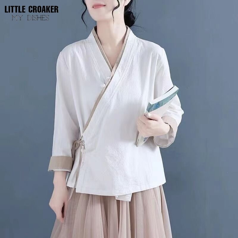 2024 lato nowy chiński styl Hanfu bluzka damska Cross-kołnierzyk Top młody krótki świeży elegancki chińska koszula tradycyjny Top