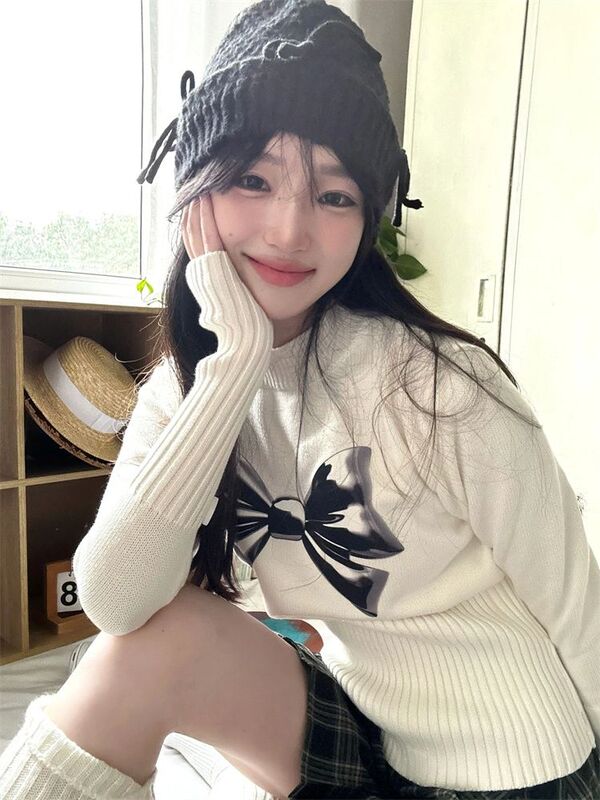 Deeptown Y2K estetico maglione bianco donna Harajuku Kawaii fiocco maglione lavorato a maglia coreano sottile maglieria top Cutecore autunno inverno