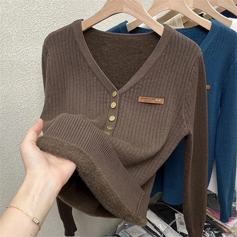 Thicken Warm Plus Velvet Winter Sweater Women Casual V-neck Button Decoration Design Basic Solid Knit Pullover Bottomed Sweaters