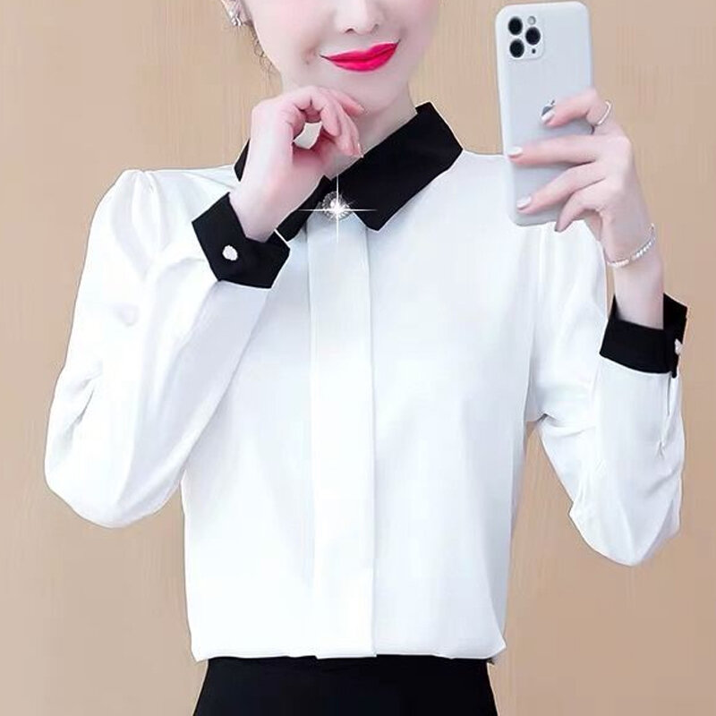 Office Lady Contrast Shirt Tops Spring New Long Sleeve Slim Solid All-match Elegant Blouse Fashion Temperament Women Clothing