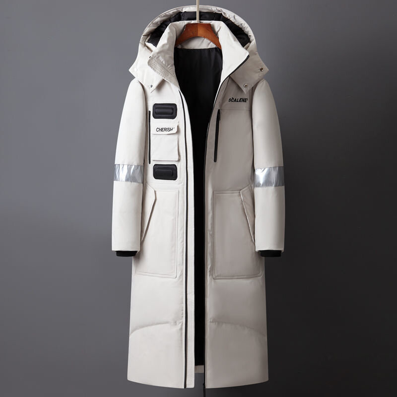 남성용 롱 화이트 덕 다운 재킷, 후드 2023 패션, 두껍고 따뜻한 오버코트, 루즈 코트, 블랙 레드 파카, 겨울