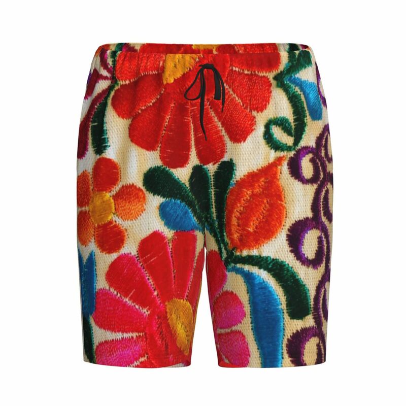 Shorts de pijama masculino com bolsos, calças de pijama dormem pijamas curtos, estampados personalizados, pôster de flores do México