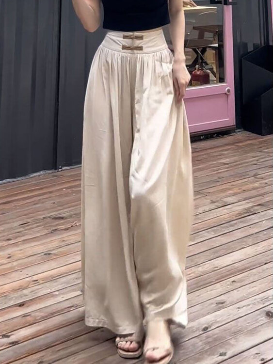 Celana Gaun pinggang tinggi gaya China baru untuk wanita 2024 celana panjang kaki lebar musim panas Retro longgar elegan wanita celana pergelangan kaki