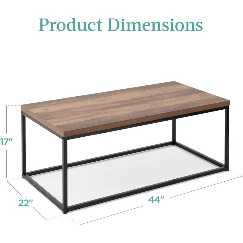 Кофейный столик прямоугольный с отделкой под дерево, мебель с деревенским акцентом для гостиной с металлической рамкой, 44in
