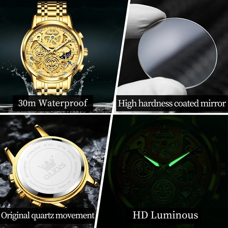 Мужские водонепроницаемые кварцевые часы с золотым корпусом, 24 часа