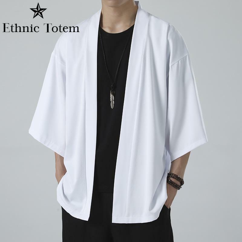 ชุดกิโมโนสีดำสำหรับผู้ชาย, เสื้อคลุมคาร์ดิแกนญี่ปุ่นสีขาวเสื้อเชิ้ตชายหาดฤดูร้อน haori เสื้อผ้าซามูไรทุกเพศ