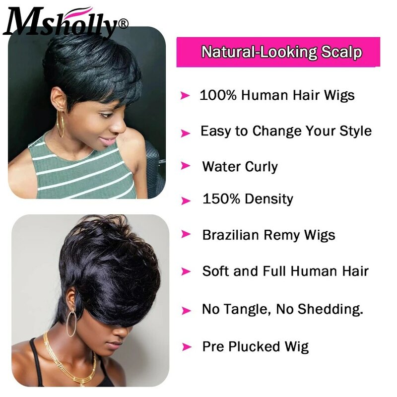 Short With Bangs Human Hair Wigs Full Machine Made For Black Women Pixie Cut Natural Hairline Baby Brazilian Remy Hair Wigs