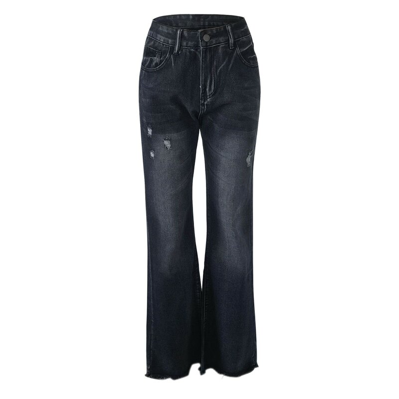 Damen hohe Taille lose gerade Bein Jeans hose mit Taschen Knopf elastisch einfarbig lässig lange Jeans Hose für Frauen