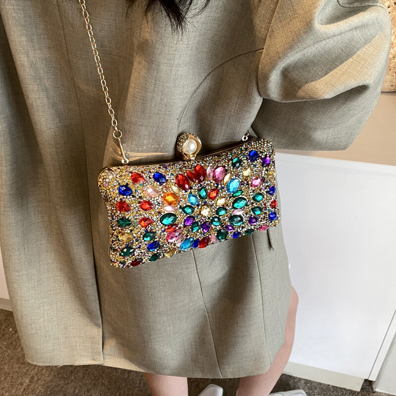 Bolso de mano de lujo con diamantes de colores para mujer, Cartera de mano de noche de diseñador para fiesta, bolso cruzado para teléfono, bolsa para lápiz labial, 2024