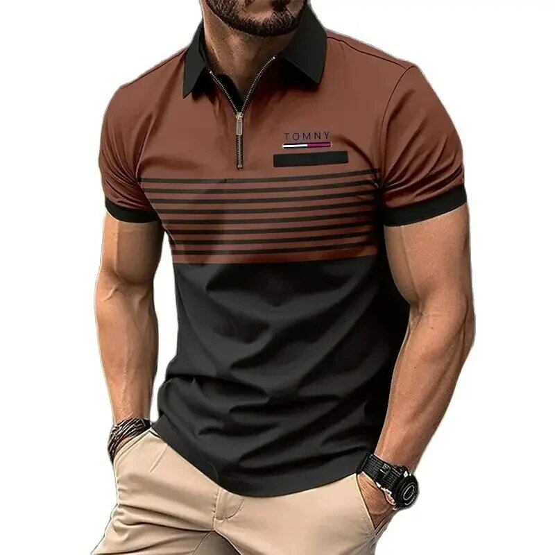 TOMNY-Camisa polo listrada 3D masculina, peito e bolso, zíper lapela, camiseta empresarial, blusa casual, nova moda, 2024
