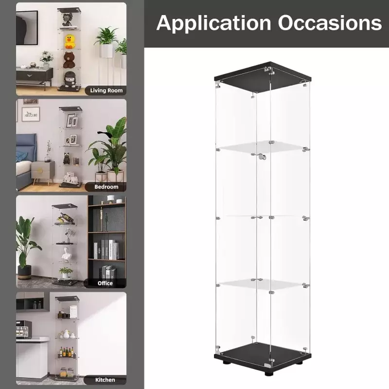 LFT HUIMEI2Y Glass Display Cabinet 4-Shelf with Door and Lock, Curio Cabinets Upgraded Quick-Install Style 5mm Tempered Glass Fl