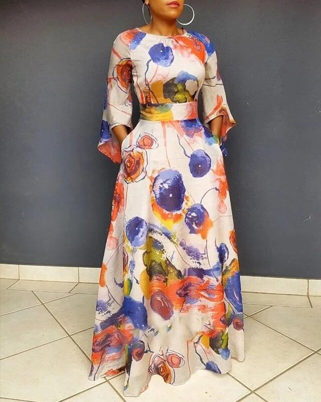 Elegante Herbst afrikanische Kleider für Frauen afrikanische Langarm O-Ausschnitt Polyester Print langes Kleid Dashiki afrikanische Kleidung