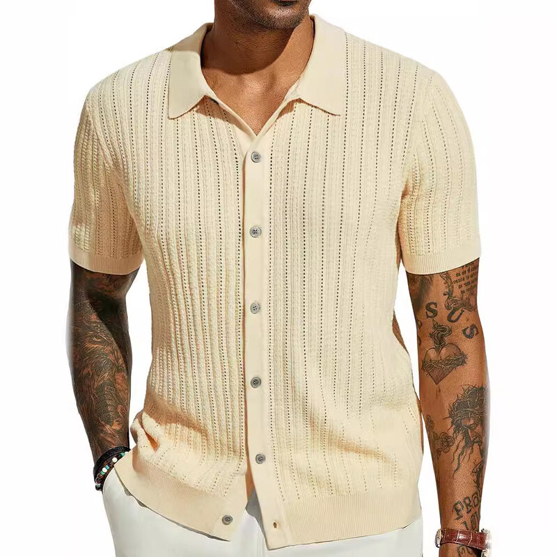 Camisa de malha de lapela masculina, camiseta manga curta, cardigã respirável, peito único, top masculino, verão