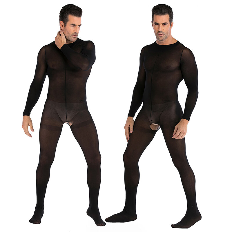 Mannen Sexy Doorzichtige Hoge Stretch Open Kruis Jumpsuit Ronde Hals Effen Kleur Lange Mouw Nachtclub Pyjama Bodysuit Ondergoed