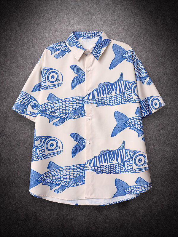 Camisas casuales de gran tamaño para hombre, camisas con estampado de peces pequeños, estilo americano, moda callejera frita, 2022