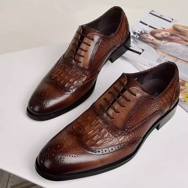 Sapato retrô de couro crocodilo Oxford Brock masculino, calçado casual formal, novo, primavera e outono, 2022