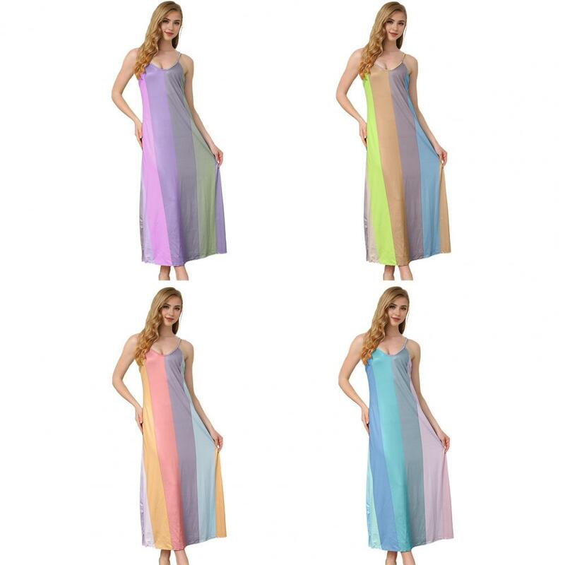 A-line Summer Women Slip Dress V Neck Colorblock Patchwork Strappy Dress Backless Sleeveless Slim Fit Beach Homewear Maxi Dress