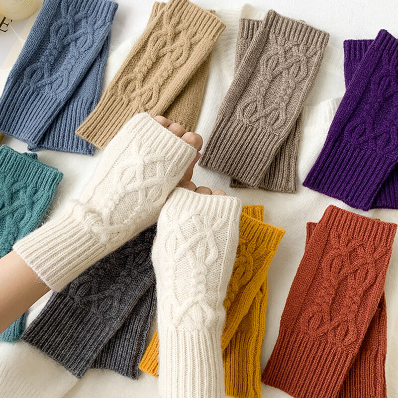 Luvas de malha de lã meio dedo feminino, luva, luvas, braço, quente, macio, unisex, inverno