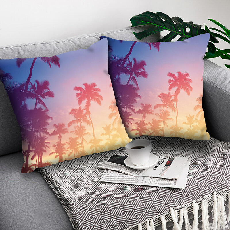 Tropical oil painting coconut treeThrow Pillow Case Polyester Cushion Cover Car Chair Sofa Home Decoration Pillowcase18x18"