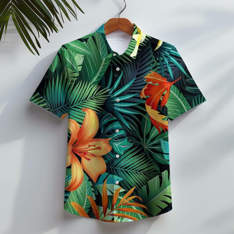 Herren hemden 3D-Druck Blatt Grafiken Mode Knopf Kurzarm Revers Streetwear Hawaii Pflanzen Bluse Hemden für Männer Sommer