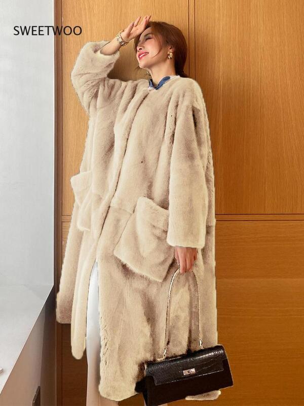 Mantel Bulu Wanita Temperamen Bulu Palsu Perempuan Mode Musim Dingin Baru Kasual Panjang Sedang Warna Polos Wanita Dikontrak Dropshipping2021