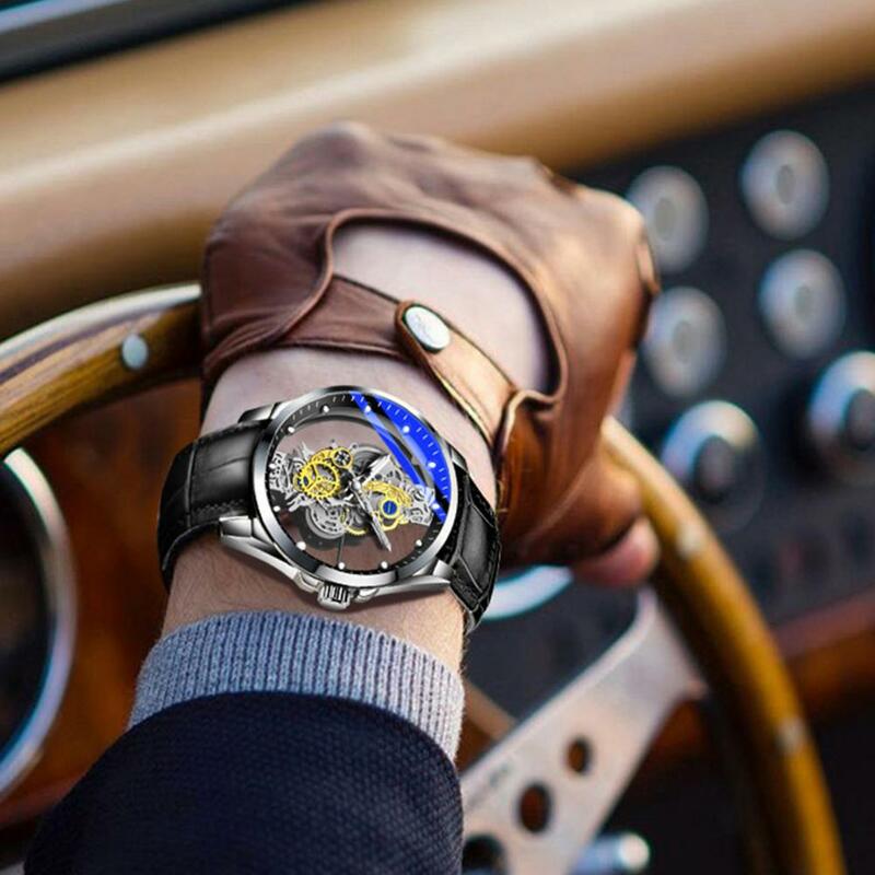 Relógio de pulso masculino impermeável, mostrador redondo luminoso, esqueleto dourado oco, relógio de quartzo vintage, ponteiro Design, luxo