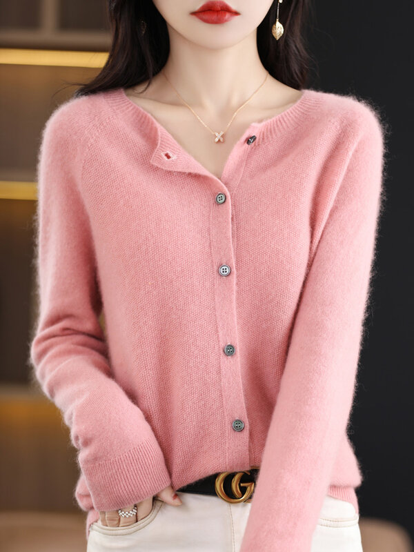 New Fashion Spring 100% Merino Wool Womens O-neck Cardigan Cashmere Sweater 2024 Female Clothing Grace Knitwear Korean Tops
