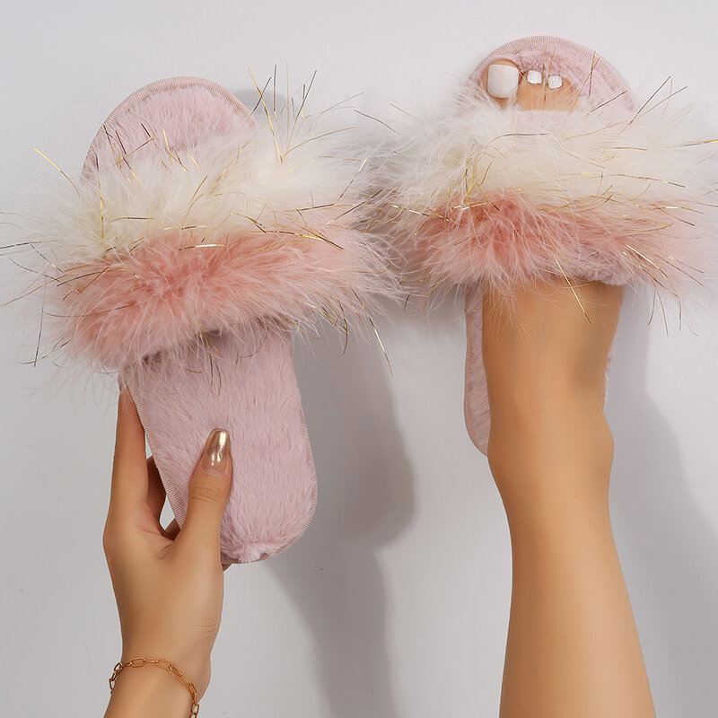 Spring Women Winter House Furry Slippers Non-Slip Casual Indoor Flats Floor Shoes Ladies Flip Flops Warm Shoes Solid Colors