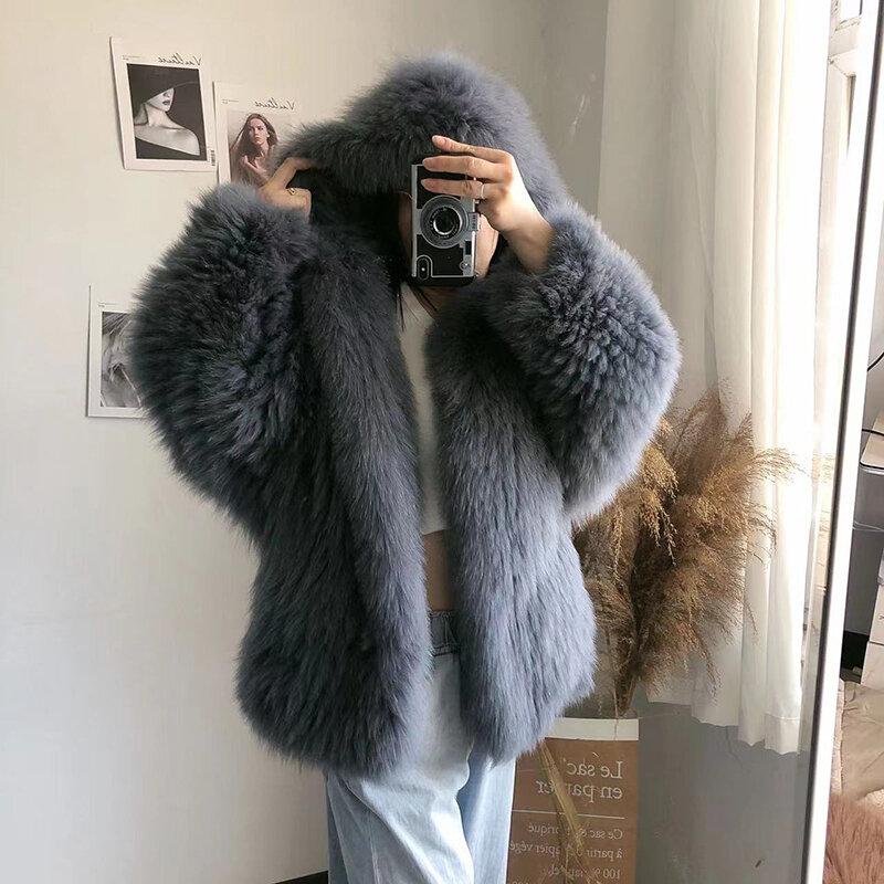 FURYOUME-Jaqueta Real Fox Fur para mulheres, casaco de malha solto, jaqueta extragrande, tecelagem manual, streetwear com capuz, outwear elegante, início do inverno