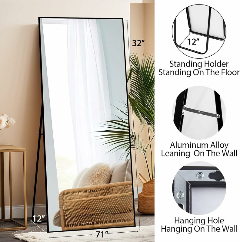 مرآة قائمة كاملة الطول شفافة ، إطار من الألومنيوم ، زجاج مقسى ، غرفة نوم وغرفة معيشة ، 71 × 32 بوصة
