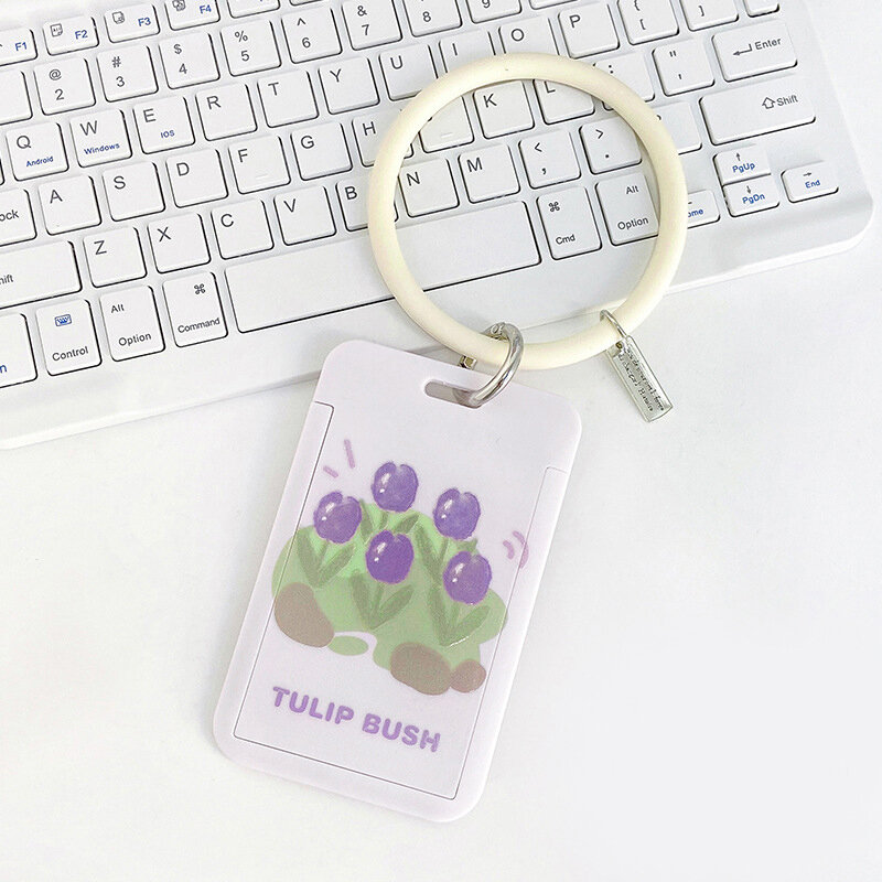 Japanese Purple Tulip Card Holder Photocard Holder With Round Bracelet Keyring Bank Bus Card Cover Protectors Credit Card Holder