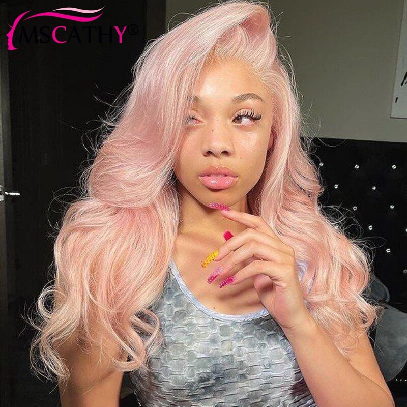 Peruca de cabelo humano virgem brasileira para mulheres, peruca frontal de renda transparente HD, pré-arrancada, rosa claro, perucas de onda corporal solta