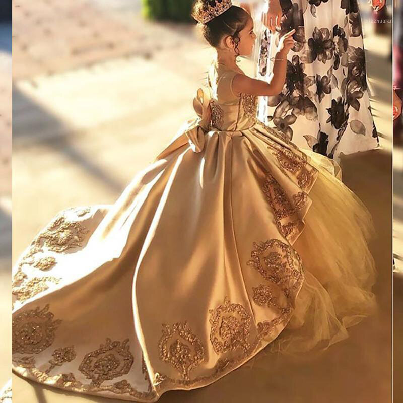Alta qualidade primeira comunhão vestidos crianças vestido de baile noite ouro applique arco meninas pageant vestido cetim tule vestido da menina flor