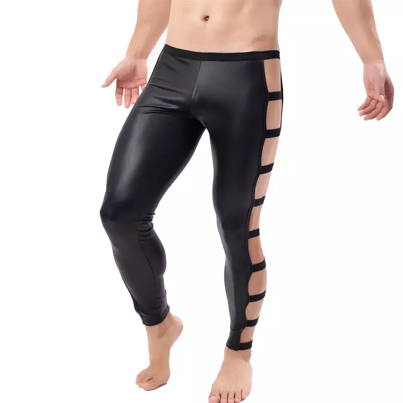 Męskie New Fashion PU spodnie skórzane legginsy męskie seksowne spodnie odzież do klubu nocnego długa, obcisła spodnie do spodni kostiumy sceniczne
