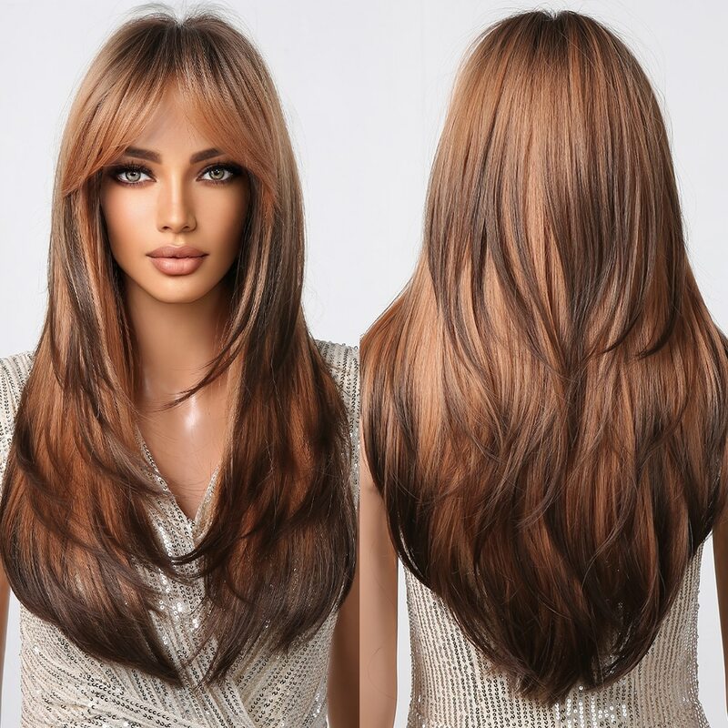 Парики коричневого и коричного цвета с челкой, многослойные синтетические парики для женщин, длинные натуральные волосы