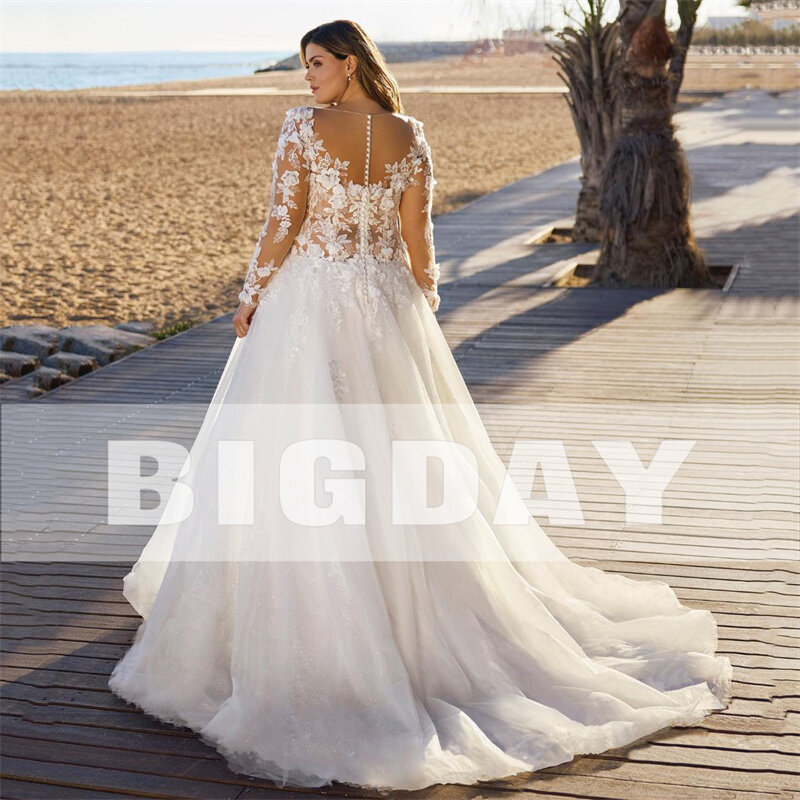 Elegant A-Line Wedding Dress White Plus Size Lace V-Neck Long Sleeve Tulle Ilusion Back Bridal Gown Sweep Train Vestido De Noiva