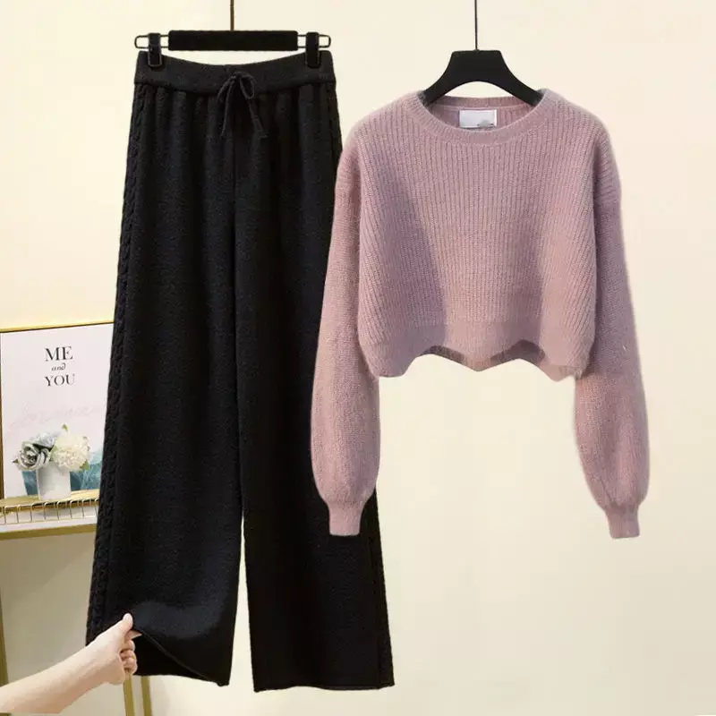 Женский трикотажный комплект из двух предметов, пуловер с длинным рукавом и принтом, универсальные широкие брюки с высокой талией