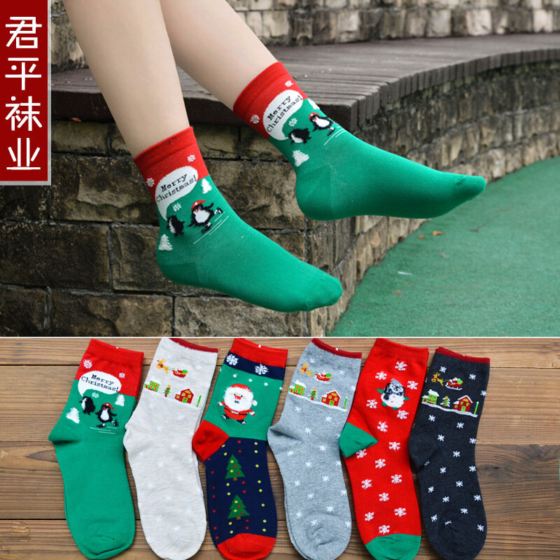 Kaus kaki seri natal 1 pasang kaus kaki natal wanita baru kaus kaki katun Santa Claus hadiah Festival