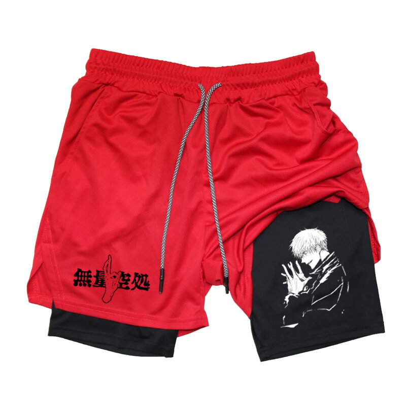 Мужские Компрессионные шорты с аниме, летние спортивные боксерские тренировочные фитнесы 2 в 1, дышащие быстросохнущие спортивные шорты, повседневные шорты для бега