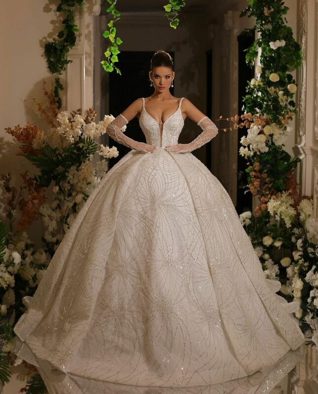 Luxury Ball Gown Wedding Dresses Long Sleeves V Neck Straps Sequins Beaded Appliques Lace Ruffles Bridal Gowns Vestina De Novia