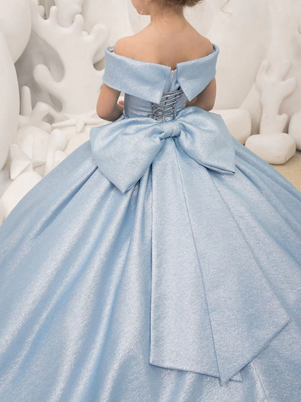 Hellblaue Blumen mädchen kleider einfache Schleife elegante Prinzessin Satin Ballkleid für Kinder Geburtstags feier Erstkommunion Kleid