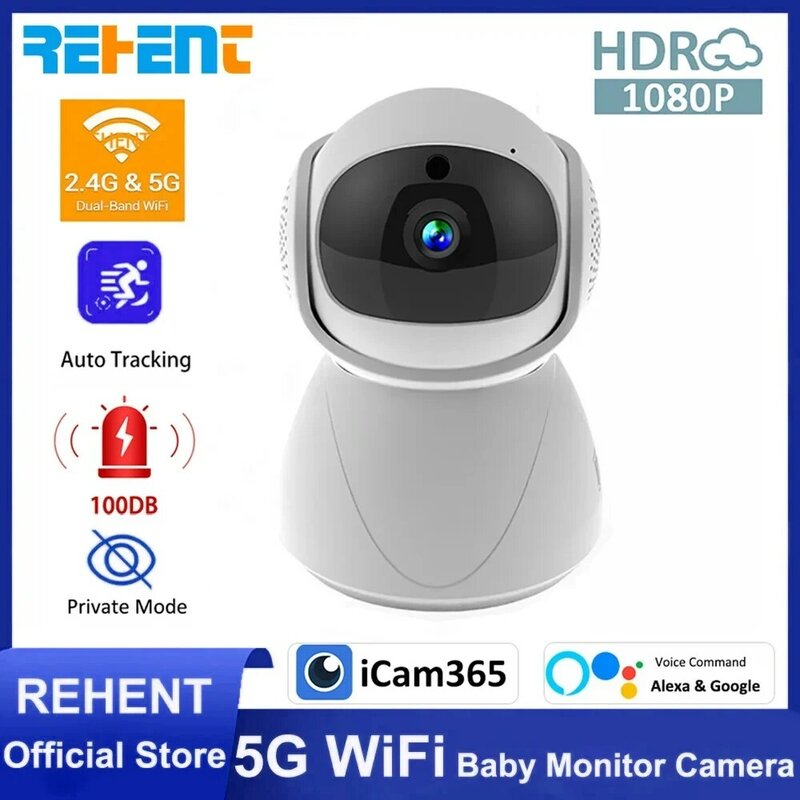 REHENT 5G WiFi Baby Monitor Camera 1080P Wireless Auto Tracking PTZ Alexa Google Security Private Mode Dual-Band YIIOT Camera