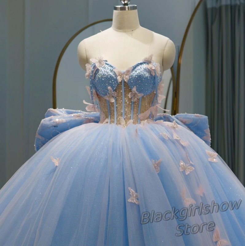 Vestido Quinceanera azul princesa, Renda bordada borboleta, Arco soprado para trás, Vestido de noite, Fantasia, 15, 2024