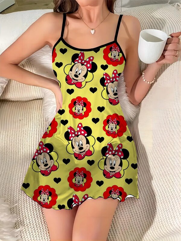 Falda de pijama de Minnie Mouse con cuello redondo para mujer, vestido de casa, superficie de satén, ribete de lechuga, Disney, Mickey, elegante, Mini, Sexy