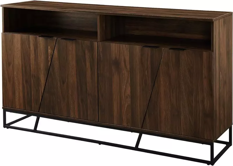 Angled Door Cabinet-Sideboard-Buffet with Open Shelf Storage, 58, Dark Walnut