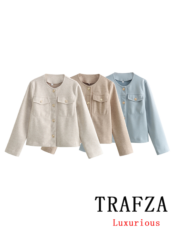 TRAFZA Vintage Casual Chic Women Jackets Solid O-Neck Single Breasted Long Sleeve Coats New Fashion 2024 Office Lady Elegant Top
