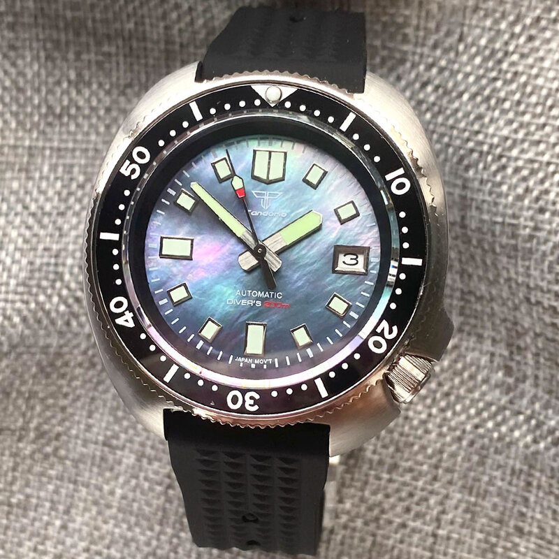 Tandorio NH35 Mother of Pearl Shell Dial Watch for Men Captain Steel Mechanical Diving 30Bar Silicone Strap Diving Lume Clock
